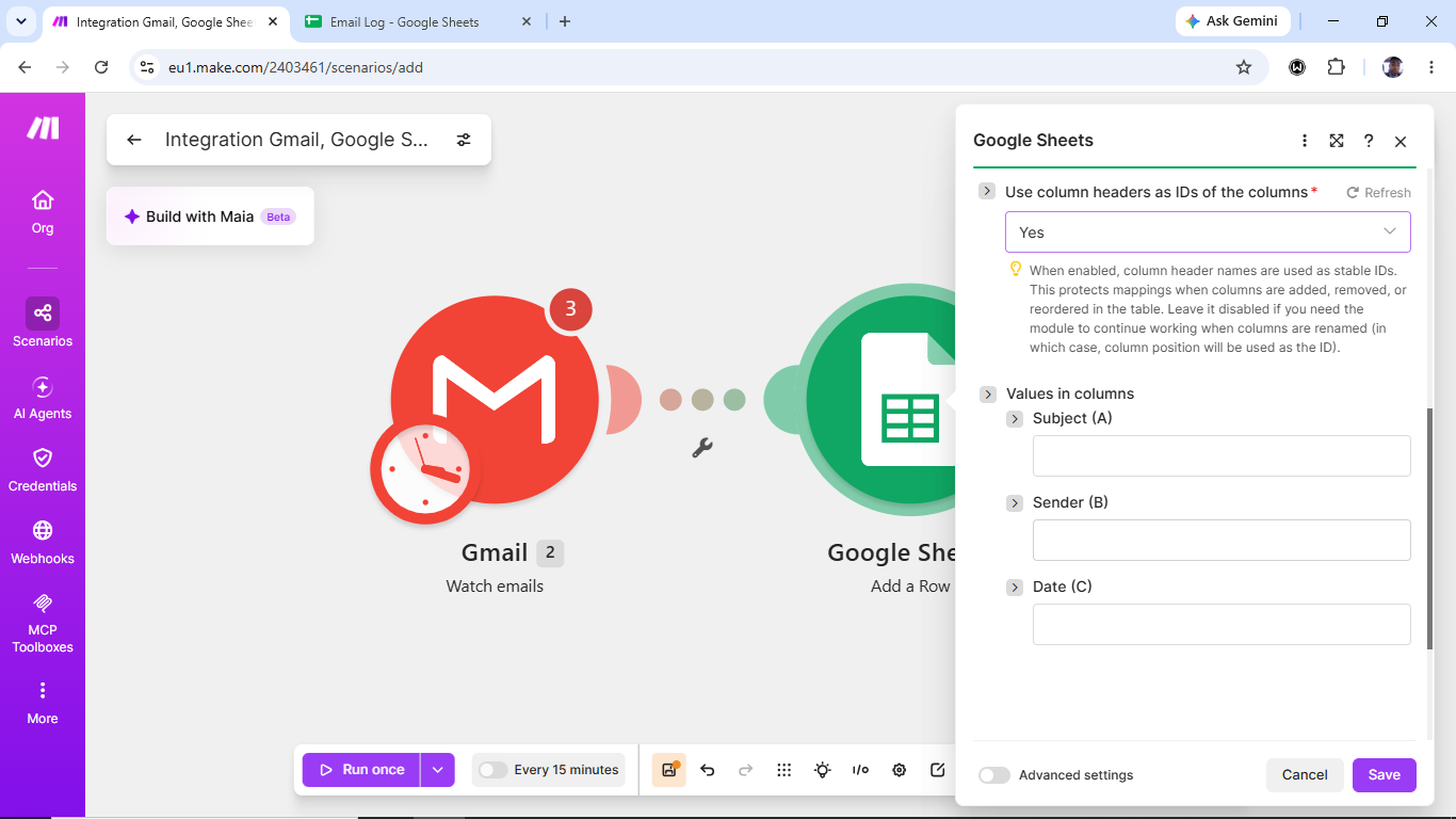 Make.com scenario with a Gmail Watch Emails module connected to a Google Sheets Add a Row module, column fields still empty