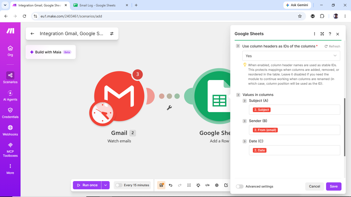 The same Google Sheets module with Subject, Sender and Date columns mapped to Gmail fields