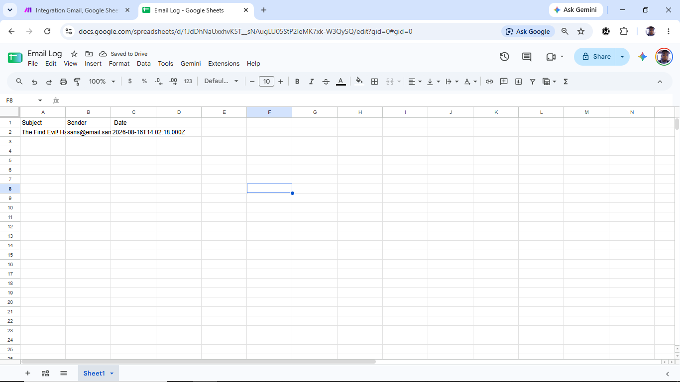 Google Sheet named Email Log with a row containing an email subject, sender address and timestamp