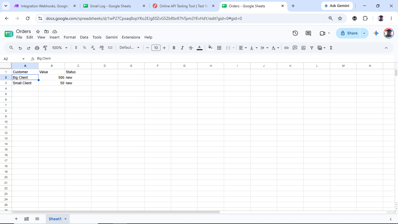 Google Sheet named Orders listing Big Client at value 500 and Small Client at value 50, both marked new