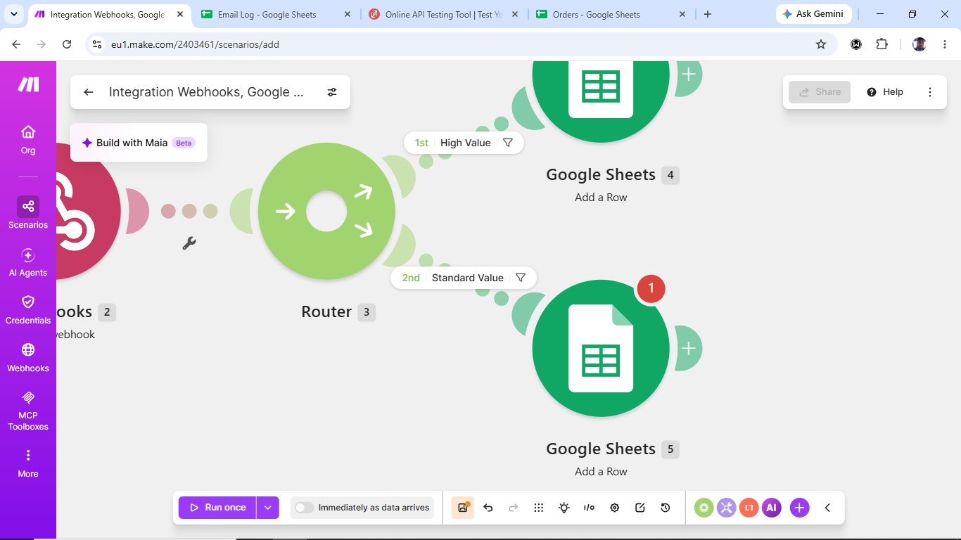 Make.com scenario showing a webhook feeding a router that splits into a High Value path and a Standard Value path, each ending in Google Sheets