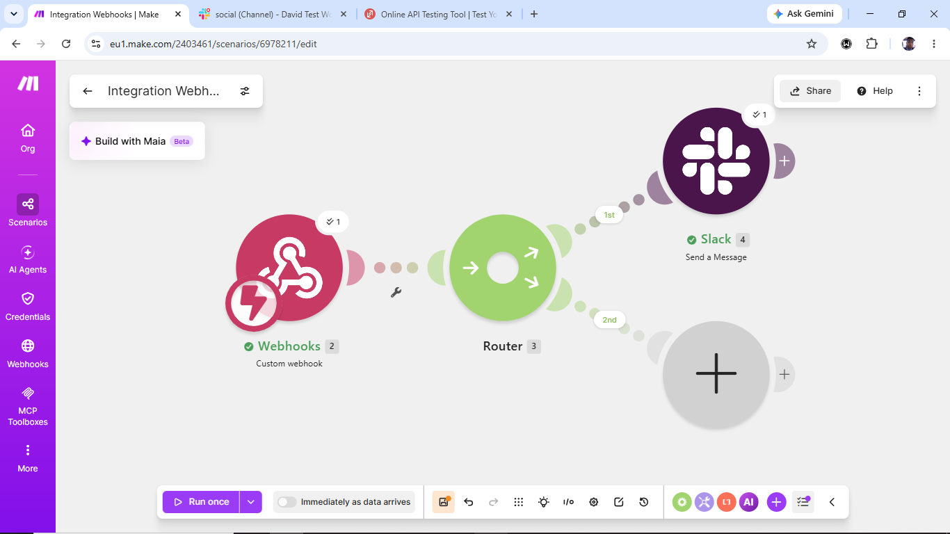 Make.com scenario showing a custom webhook feeding a router, whose first route connects to a Slack Send a Message module