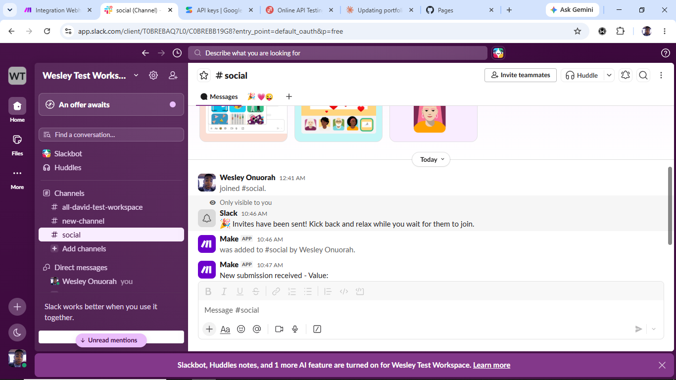 Slack channel named social showing a message from the Make app reading New submission received