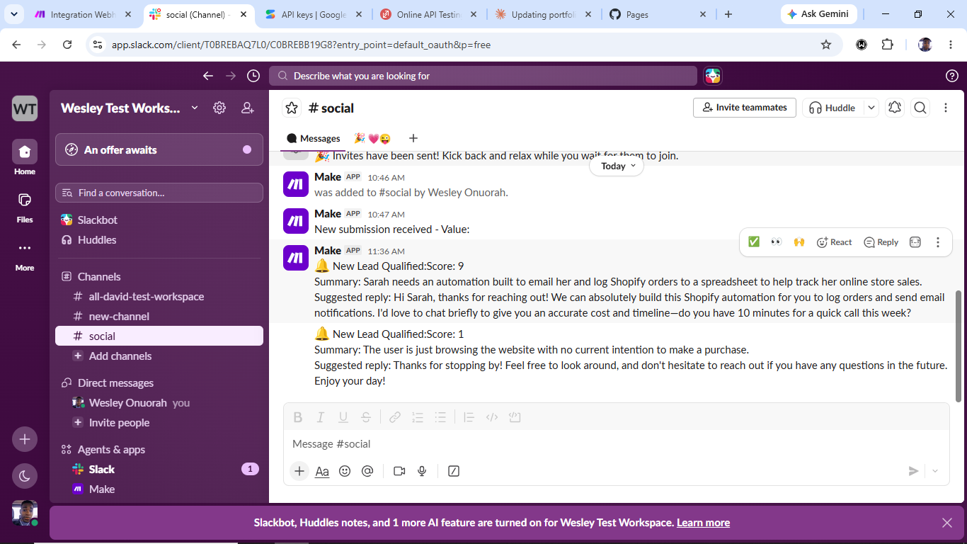 Slack channel showing two qualified lead messages, one scored 9 with a summary and suggested reply, another scored 1 for a visitor who is just browsing